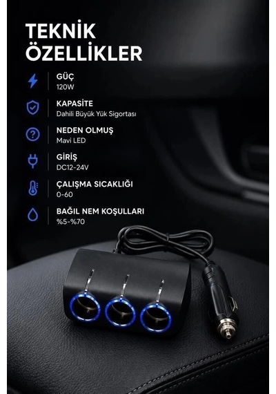 Torima Araç Şarj Cihazı Üçlü Led Soketli 120w G24 Siyah Cihaz Besleme Sürüş Aksesuarı Mobil Enerji