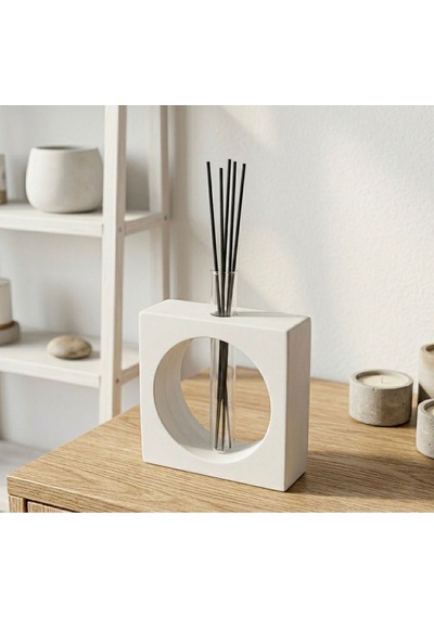 Beyaz Taş Tozu Geometrik Difüzör Ve Vazo Seti - Minimalist Kare Cam Tüp Oda Kokusu Standı Beyaz