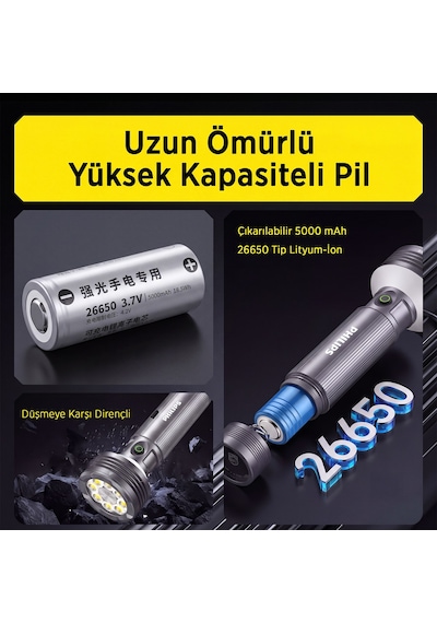 Philips Sfl6253 3000 Lümen 50w Led El Feneri Metal Gövdeli 9 Modlu Çıkarılabilir Pilli Şarj Edilebilir Çift Açılı Flashlight