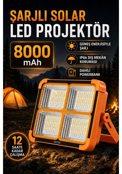 Astec Solar Şarjlı Led Projektör Powerbank Özellikli Ip66 Kamp Acil Durum Çakarlı Premium