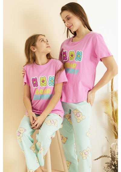 Siyah İnci Pamuklu Bisiklet Yaka Örme Pijama Takım25107156 Pembe