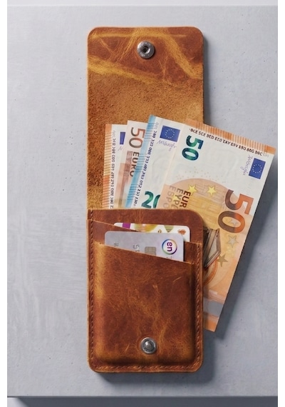 Luvo %100 Gerçek Deri El Yapımı 3 Bölmeli 9 Kart Kapasiteli Cüzdan Premium Kompakt Kartlık Açık Kahverengi - Taba