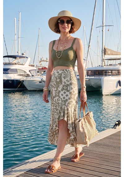 Lela Regular Fit Desenli Yüksek Bel Volanlı Midi Boy Yırtmaçlı Bayan Etek 5869013 Olive