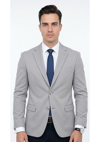 Plus Scorpion Ck 142 Slim Fit Mikro Desenli Erkek Ceket Yazlık Pike Kumaş Çift Yırtmaç Blazer Gri