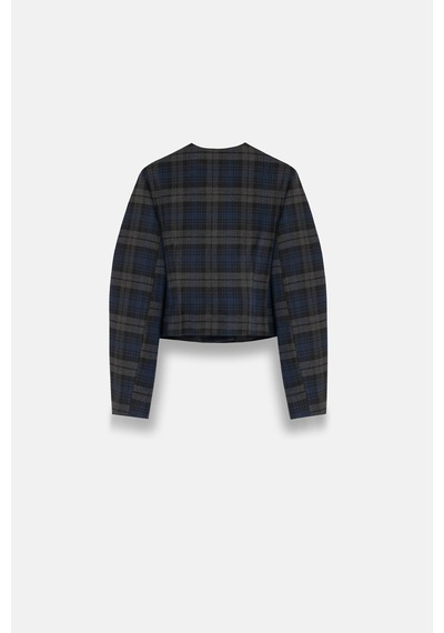 Kadın Lacivert Ekoseli Bisiklet Yaka Crop Blazer Lacivert