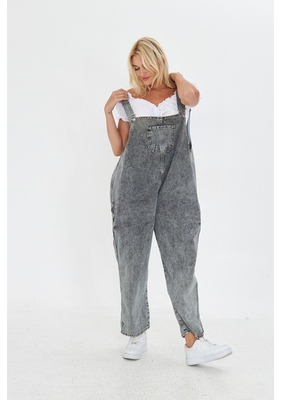 Antrasit Ayarlanabilir Askılı Cepli Oversize Kesim Denim Salopet Antrasit