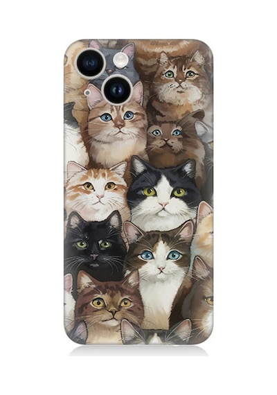 Apple Uyumlu iPhone 14 Kedi Kalabalığında Kaos Desenli Silikon Kılıf Çok Renkli