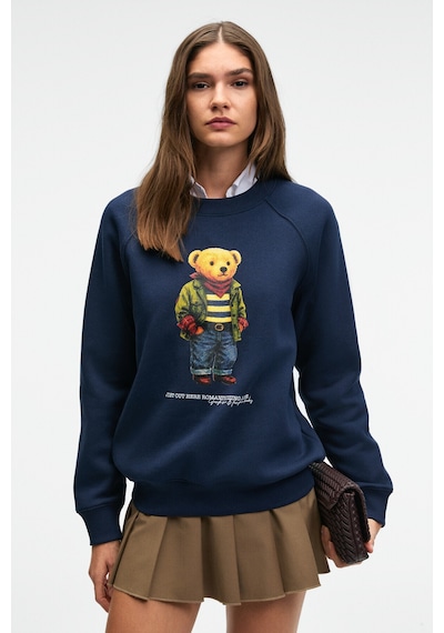 Grimelange AELORIA Kadın Önü Baskılı Reglan Kol Oversize Lacivert Sweatshirt