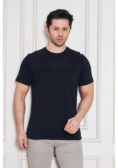 Jeuss Erkek Viscon Lina Likralı Kumaş Bisiklet Yaka Siyah Tshirt