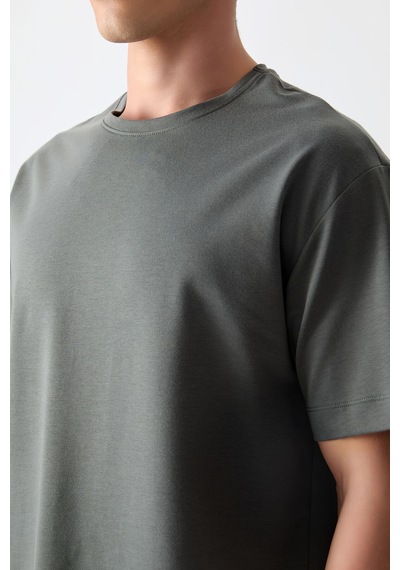 Air Jones Tommy Life Haki Pamuklu Kalın Yumuşak Dokulu Oversize Fit Basic Erkek T-shirt - 88377 Haki