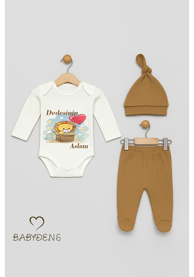 Babyden's Dedesinin Aslanı Baskılı 3 Lü Bebek Takımı Pamuklu Fitilli Kumaş Şapka,patikli Alt ,uzun Kollu Zıbın Açık Kahverengi