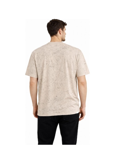 Erkek Asit Yıkama Bisiklet Yaka Kısa Kollu Oversize T-shirt Tişört - Bej Çok Renkli