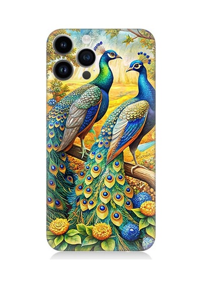 Apple Uyumlu iPhone 14 Pro Max Görkemli Tavuskuşu Bahçesi Desenli Silikon Kılıf Çok Renkli