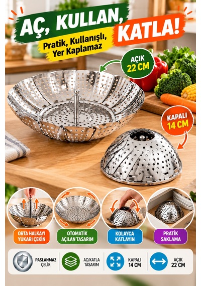 Katlanabilir Paslanmaz Çelik Buharda Sebze Pişirme Haşlama Aparatı 22 Cm Buhar Sepeti Orta Boy Ürün