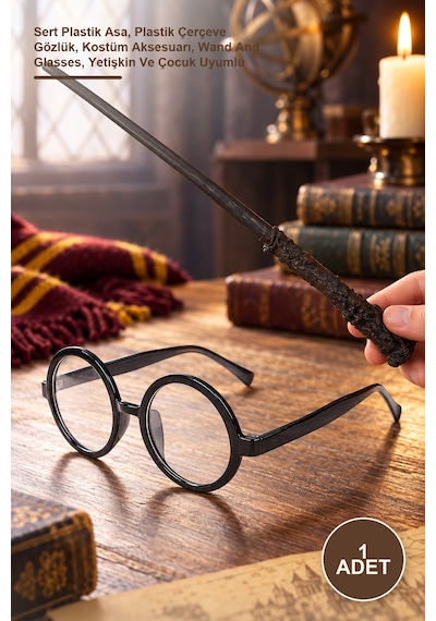 1 Adet Harry Potter Asa Ve Gözlük Sert Plastik Asa, Plastik Çerçeve Gözlük, Kostüm Aksesuarı, Wand And Glasses, Yetişkin Ve Çocuk Uyumlu