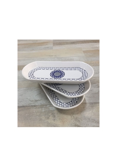 3 Adet Orta Boy 26cm Seramik Oval Kahvaltı Peynir Kayık Servis Sunum Tabağı Takımı Seti Mavi