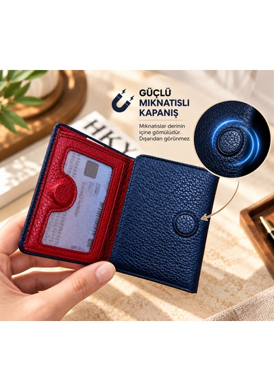Grande İsme Özel 1414 Hakiki Deri Mıknatıslı Erkek Cüzdan Grnd1414 Lacivert - Kırmızı