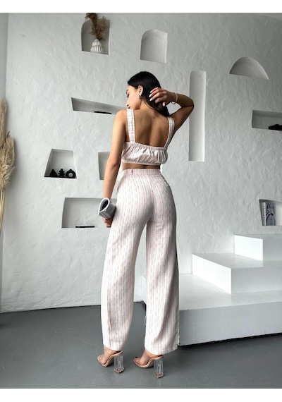Eke Tekstil Turuncu Çizgili Crop Pantolon Keten Takım-turuncu Turuncu