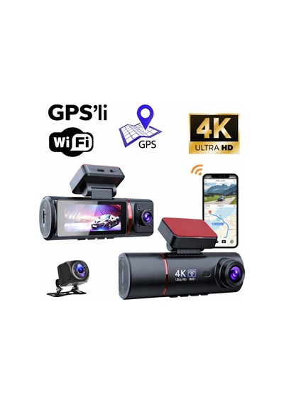 Gps Li 4k Araç Kamerası Wifi Destekli Üçlü Kayıt Gece Görüşlü Dashcam Sistem