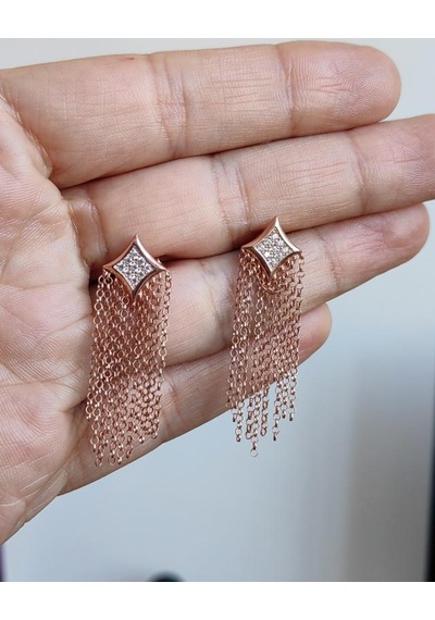 Sallantılı Zincirli Şık Gümüş Küpe Pembe Altın