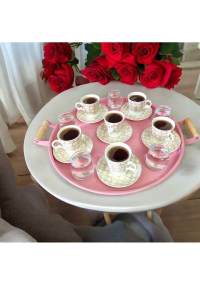 Eceaksesuar Ahşap Kulplu Metal Tepsi Çay Tepsisi 4'lü 50, 40, 37, 30 Cm Kahve Tepsisi Sunum Tepsi Seti Açık Pembe 50 X 30 Çok Renkli