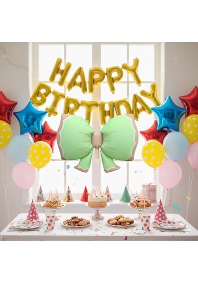 92x58 Cm Fiyonk Retro Yeşil Folyo Balon - Doğum Günü Parti Dekorasyon Balonu Çok Renkli