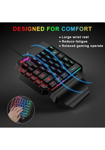 Tek El Rgb Oyun Klavyesi, Usb Kablolu Gökkuşağı Harfleri Parlayan Tek El Klavyesi Bilek Desteği Multimedya Tuşlar