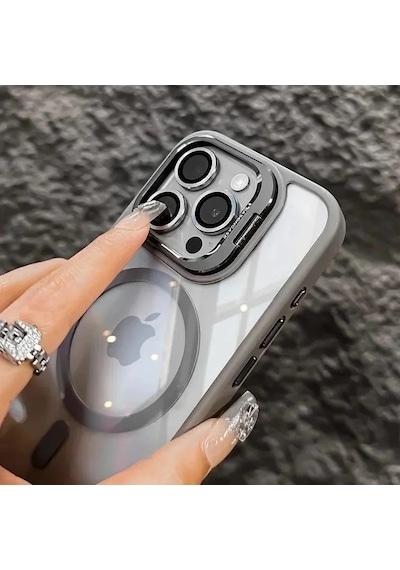İphone 16 Pro Max Uyumlu Kılıf Klon Stantlı + Lens Korumalı Magsafe Telefon Kılıfı Titanyum