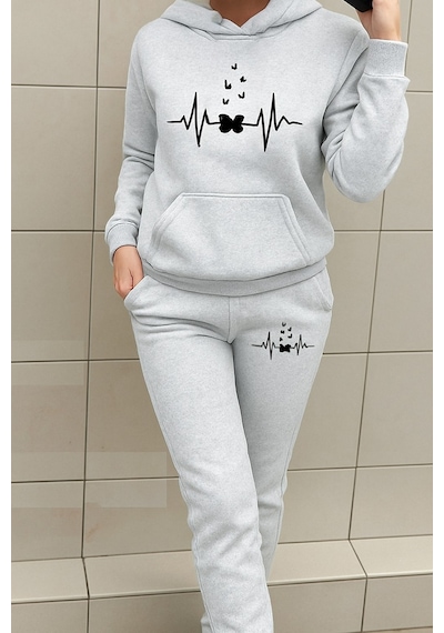 Heart Rhytym Love Baskılı Kapüşonlu Sweatshirt Ve Eşofman Altı Eşofman Takımı Gri