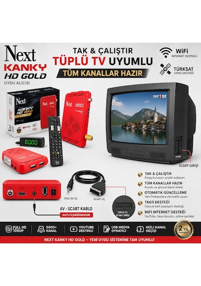 Next Kanky Hd Gold Full Hd Uydu Alıcısı Tüplü Tv Uyumlu Av Scart Kablolu, Tkgs Otomatik Güncelleme