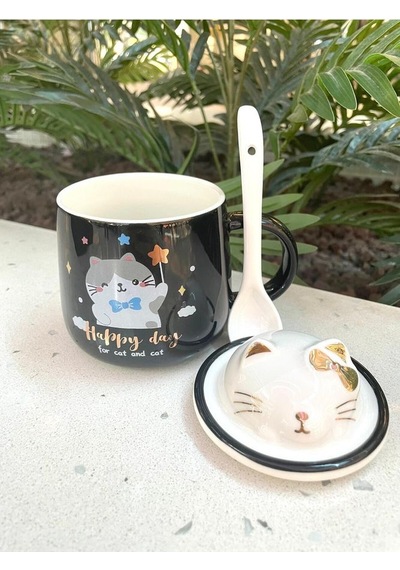 Kawai 3d Kedi Kapaklı Kaşıklı Kupa Bardak Siyah