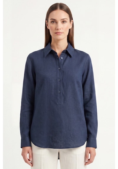 Goffra Kadın Solo %100 Doğal Keten Gömlek -- Klasik Yaka Basic Minimalist Tasarım Lacivert W208-k0401-03
