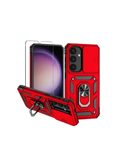 Samsung Galaxy S25 Plus Uyumlu Kamera Sürgülü Tank Kılıf Ve Temperli Cam Ekran Koruyucu Set Kırmızı