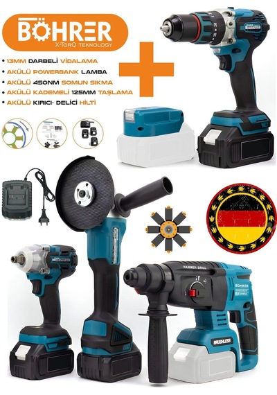 Böhrer 4455 5'li Set Akülü Akülü Kırıcı Delici Hilti + Darbeli Vidalama + Somun Sıkma + Taşlama Makinesi + Power Işık