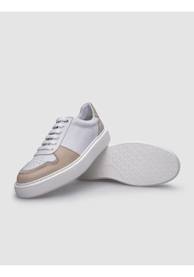%100 Hakiki Deri Beyaz - Bej Bağcıklı Erkek Sneaker Beyaz