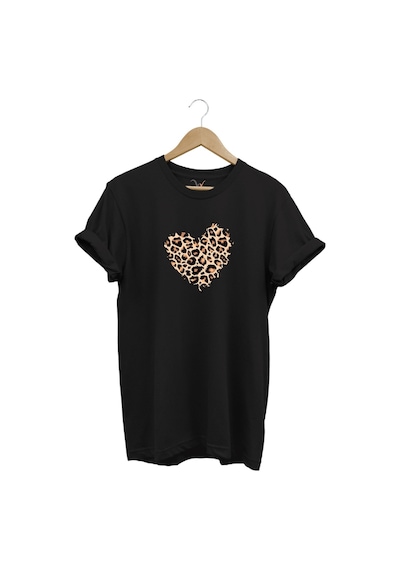 Leopar Desenli Kalp Baskılı %100 Pamuk Regular Fit Bisiklet Yaka Siyah T-shirt Siyah