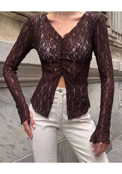 Mamayaga Kadın V Yaka Full Esnek Dantel Bürümcük Spor Şık Tasarım Asimetrik Kesim Gece Bluzu Kahverengi Mamayaga Kadın V Yaka Full Esnek Dantel Bürümcük Spor Şık Tasarım Asimetrik Kesim Gece Bluzu Kahverengi