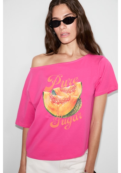 Grımelange Qaly Kadın Kayık Yaka Tek Omuz Kısa Kol Ön Ve Arka Baskı Detaylı Relaxed Pembe T-shirt Grımelange Qaly Kadın Kayık Yaka Tek Omuz Kısa Kol Ön Ve Arka Baskı Detaylı Relaxed Pembe T-shirt