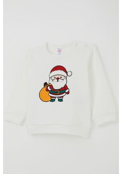 Breeze Erkek Bebek Pijama Takımı Omuzdan Patlı Yılbaşı Temalı Noel Baba Nakışlı 4 Ay-1 Yaş, Ekru Ekru