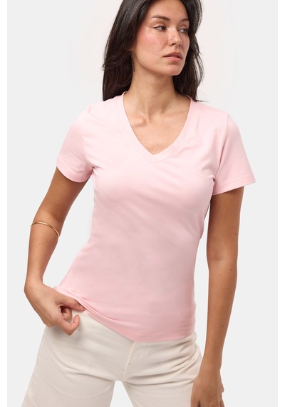 Kadın Light Pembe S6-98 V Yaka %100 Organik Pamuk Esnek Kumaş T-shirt