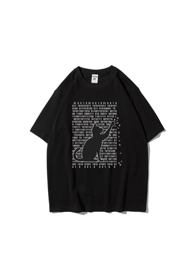 Flood Of Style Unisex Siyah 01 Kedi Baskılı Oversize Bisiklet Yaka Tshirt
