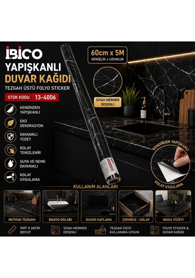 İbico İ13-080 Siyah Mermer Desenli Kendinden Yapışkanlı Folyo Sticker 5m X 60cm