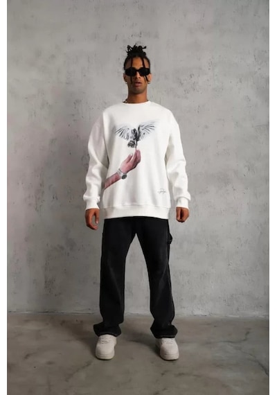 Yake Store Erkek Güvercin Baskılı Sweatshirt - Beyaz - Beyaz