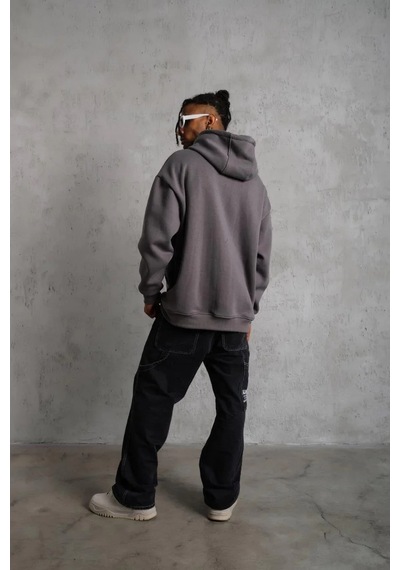 Erkek 3 İplik Pamuklu Kapüşonlu Kanguru Cepli Sweatshirt Hoodie - Gri Gri