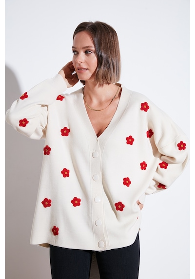 Lela Oversize Fit Çiçekli Düğmeli V Yaka Soft Akrilik Bayan Hırka 4616192 Krem