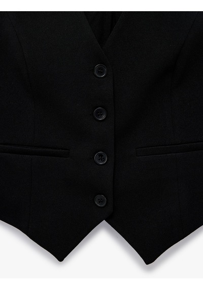 Koton Krep Scuba Kumaş Slim Fit Düğmeli V Yaka Slim Fit Blazer Yelek Siyah 6sak30068ek