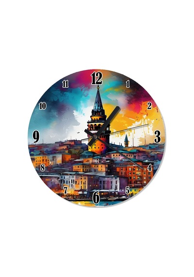 Pastel Renklerle Galata Kulesi Sessiz Duvar Saati Çok Renkli