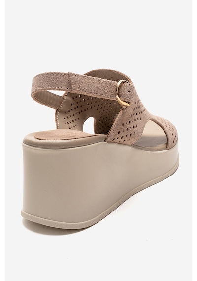 Luvishoes Jadıra Bej Süet Hakiki Deri Delikli Kadın Dolgu Topuklu Sandalet