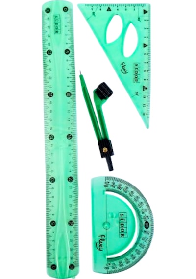 30 Cm Esnek Kırılmaz Cetvel Takımı 4 Lü Set Cetvel,pergel,açıölçer Ve Pergelli Set - Yeşil Yeşil