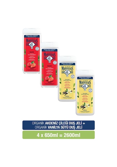Le Petit Marseillais Vanilya Sütü + Akdeniz Çileği Banyo ve Duş Jeli Nemlendirici Tazeleyici Vücut Şampuanı Avantajlı Paket 4 x 650 ML + Lif